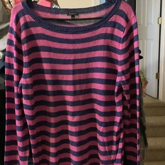 Talbots Sweaters - Talbots Vibrant‎ Pink and Navy Striped Sweater, Linen, XL